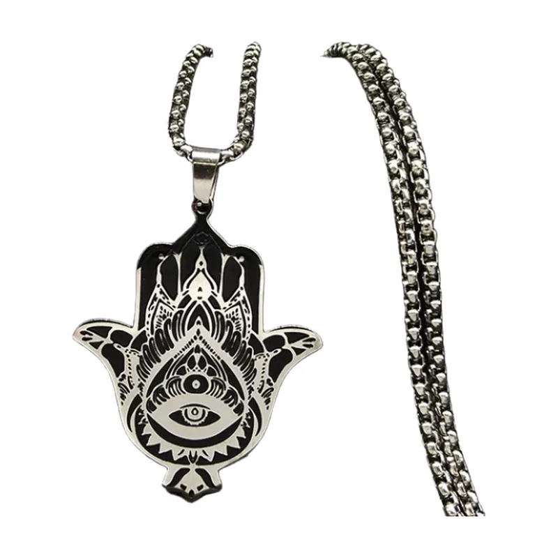 Collana con Pendente Mano di Fatima e Occhio, Acciaio Inossidabile