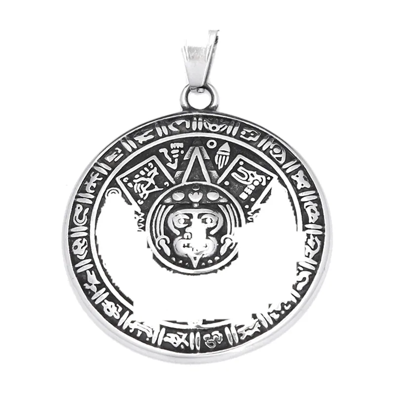 Collier Pendentif Calendrier Maya Finition Antique, Acier Inoxydable
