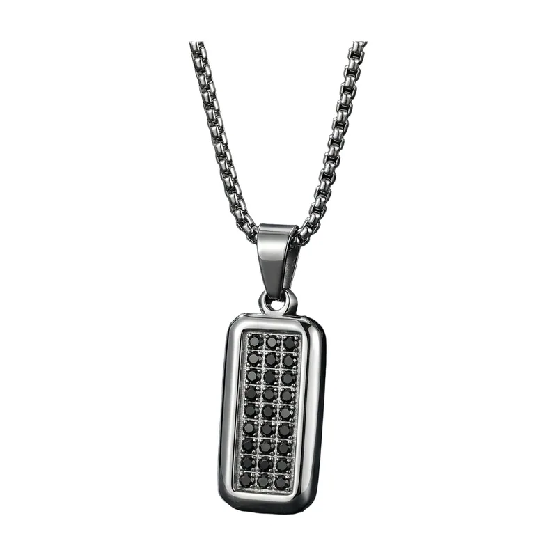 Pendentif Rectangle Géométrique avec Zircone Noire, Acier Inoxydable