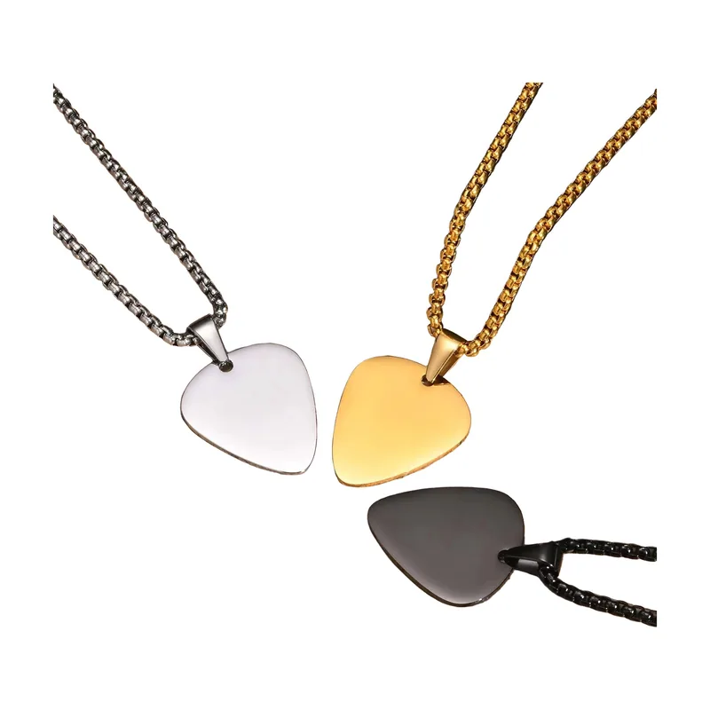 Guitar Pick Pendant with Box Chain, Stainless Steel