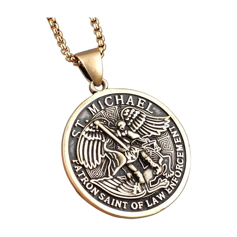 St. Michael Erzengel Medaillon mit Panzerkette, Edelstahl