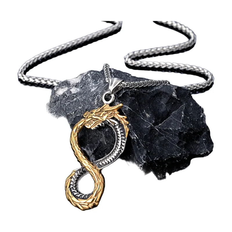 Collier Pendentif Dragon Ouroboros et Chaîne, Acier Inoxydable