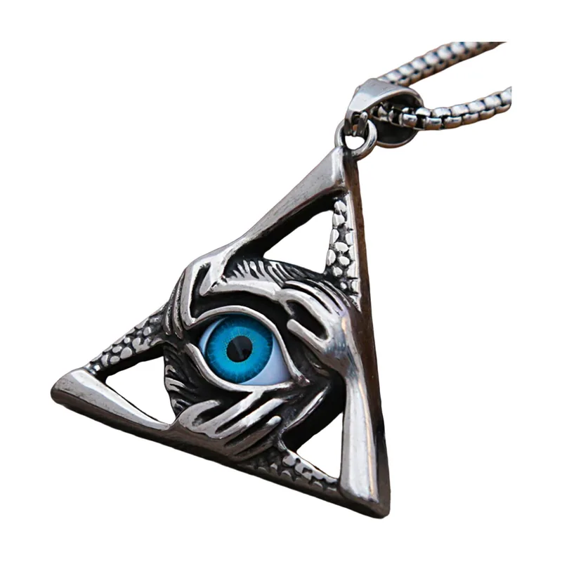 All-Seeing Eye Triangle Pendant with Blue Stone, Stainless Steel