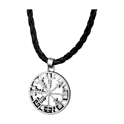 Vegvisir Wikinger Kompass Anhänger mit geflochtener Lederschnur, Edelstahl