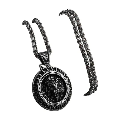 Medaillon Pendentif Tête de Lion avec Chaîne, Acier Inoxydable