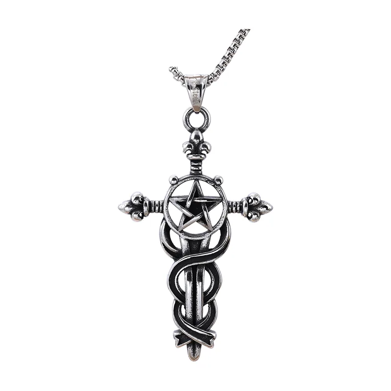 Gothic Pentagram Cross Pendant with Celtic Knots, Stainless Steel
