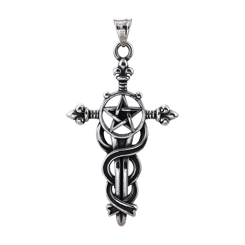 Pentagramm-Kreuz Anhänger mit Panzerkette, Edelstahl