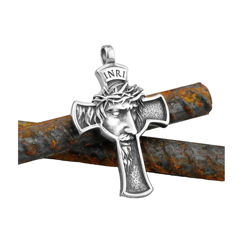 Collier Croix avec Visage de Jésus, Acier Inoxydable 316L