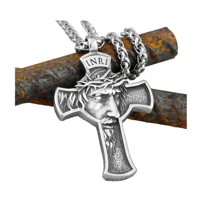 Jesus Cross Pendant Necklace with Curb Chain, Stainless Steel