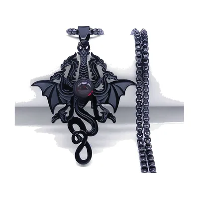 Collier Pendentif Dragon avec Pierre Rouge, Acier Inoxydable