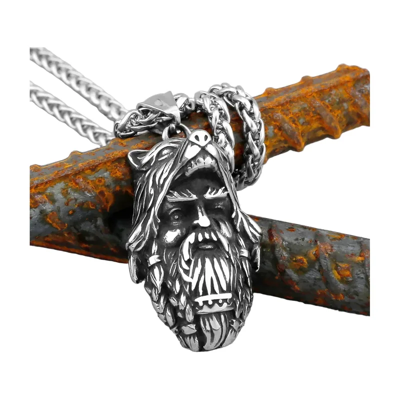 Wolf Head Pendant with Bearded Warrior, Stainless Steel