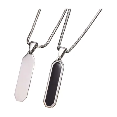 Geometric Rectangular Pendant Necklace with Black Inlay, Stainless Steel