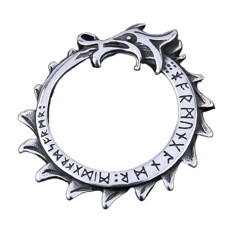 Pendentif Dragon Ouroboros avec Chaîne Runique, Acier Inoxydable