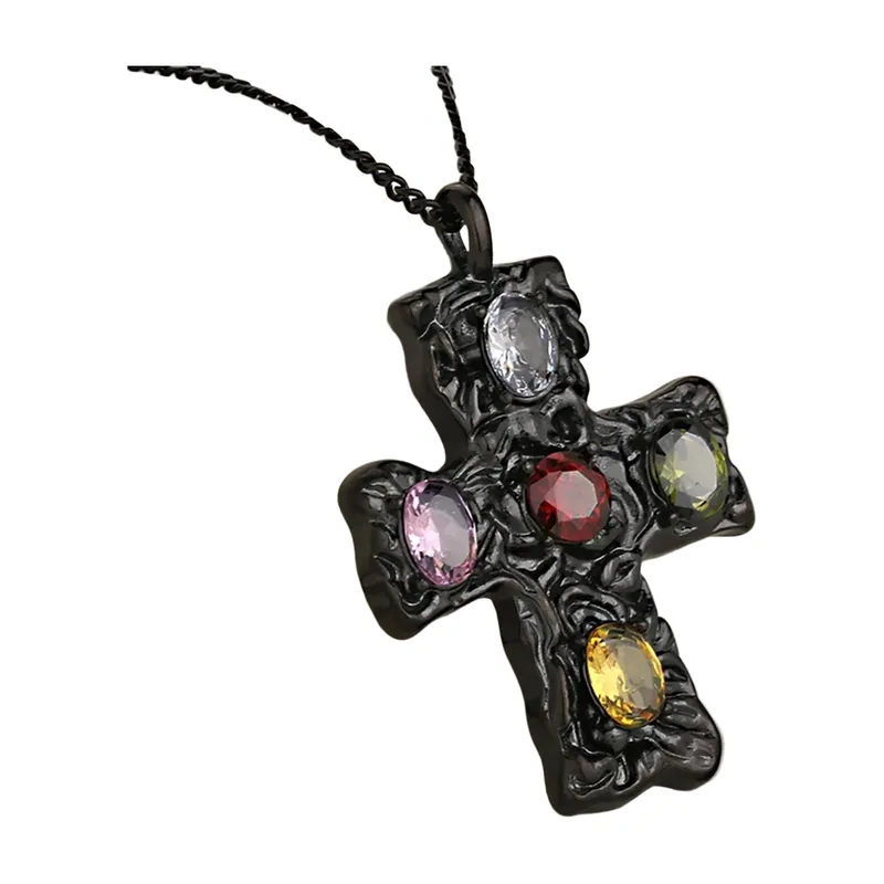 Collana con Croce e Pietre Multicolore, Acciaio Inossidabile