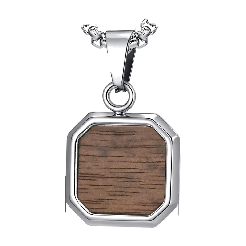 Colgante Rectangular con Incrustación de Madera y Cadena Box, Acero Inoxidable