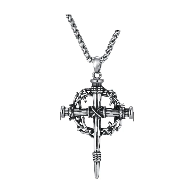 Collana Croce con Corona di Spine e Catena, Acciaio Inox