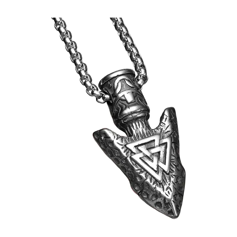 Pendentif Pointe de Flèche Viking avec Symbole Valknut, Acier Inoxydable