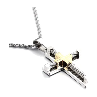 Kreuzanhänger mit Gold-Details und Kordelkette, Edelstahl