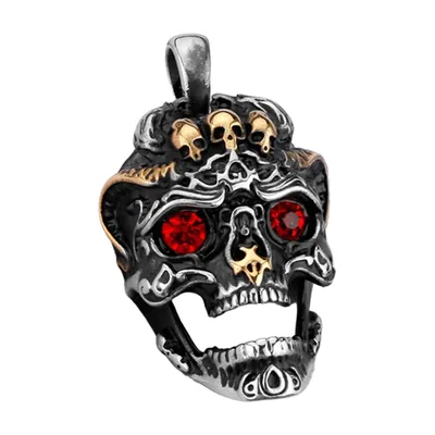 Gotischer Totenkopf-Anhänger mit roten Steinen, Edelstahl