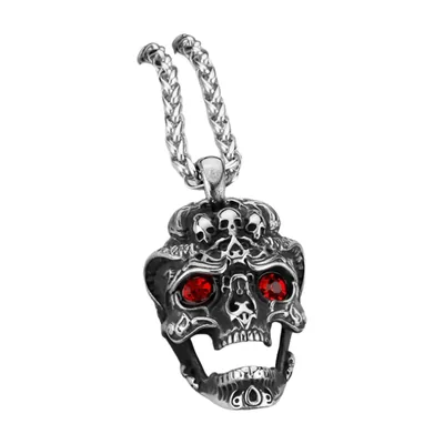 Totenkopf-Anhänger mit roten Steinen, Edelstahl