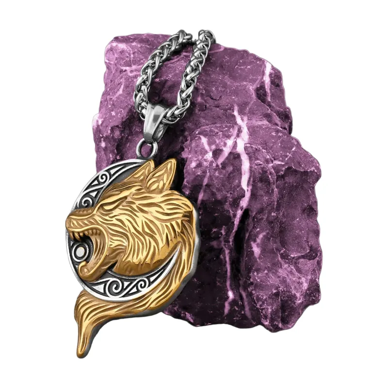 Wolf Head Pendant with Nordic Runes, Stainless Steel