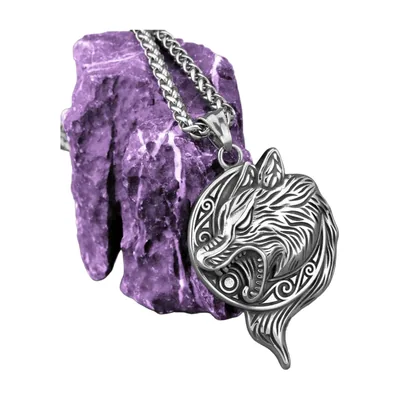 Wolf Head Pendant with Runes, Stainless Steel