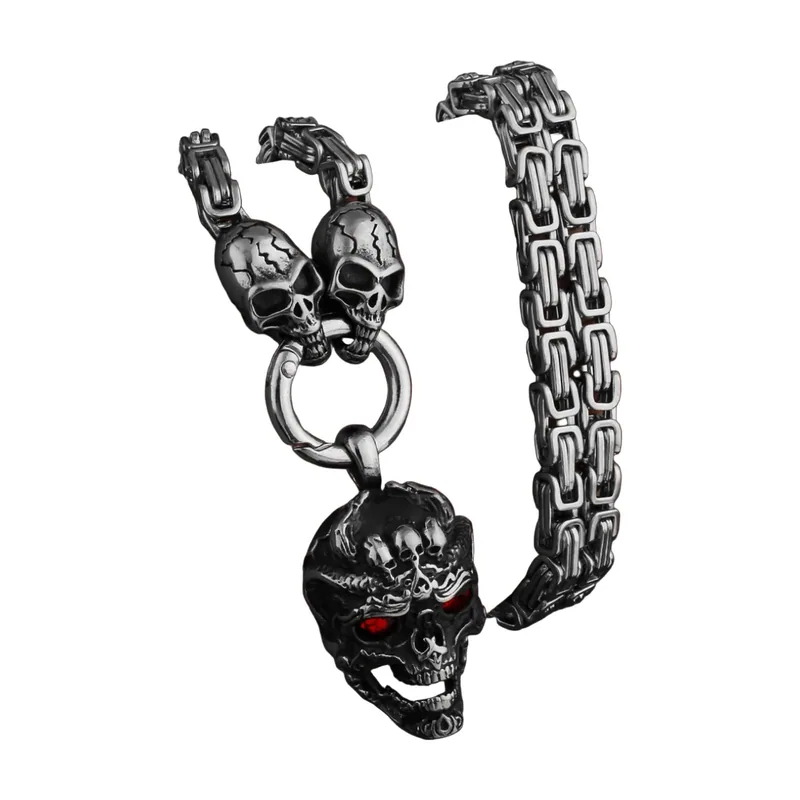 Collana con Pendente a Teschio e Pietre Rosse, Acciaio Inossidabile
