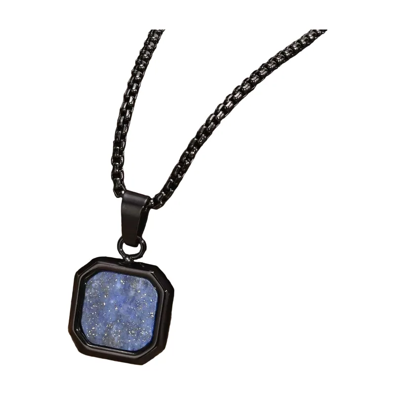Collier avec Pendentif Rectangulaire et Pierre Bleue, Acier Inoxydable