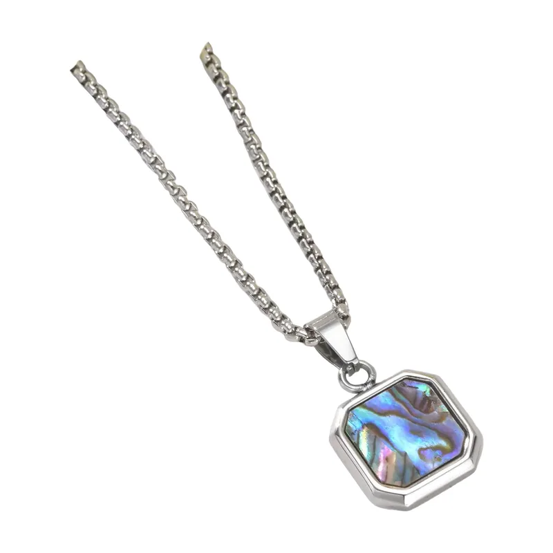 Collier avec Pendentif Rectangulaire en Abalone Bleu, Acier Inoxydable