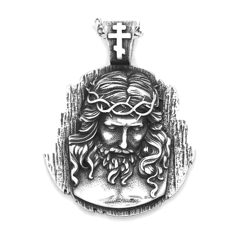Jesus Medallion Pendant with Curb Chain, Stainless Steel