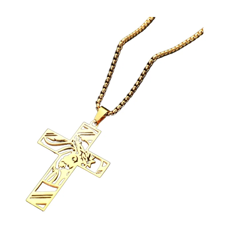 Pendentif Croix de Jésus avec Chaîne Gourmette, Acier Inoxydable