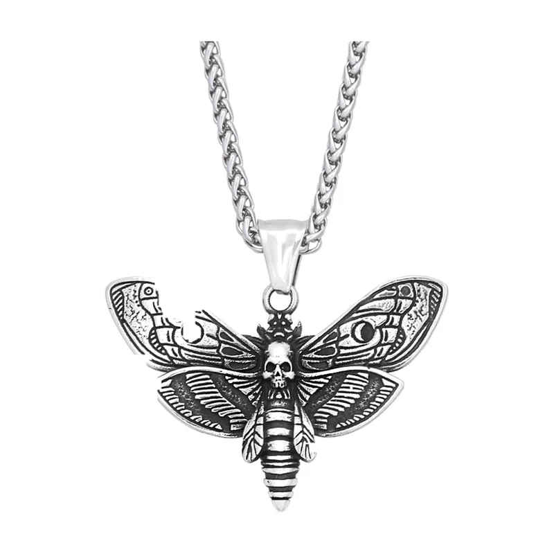 Collier Pendentif Tête de Mort Papillon, Acier Inoxydable 316L