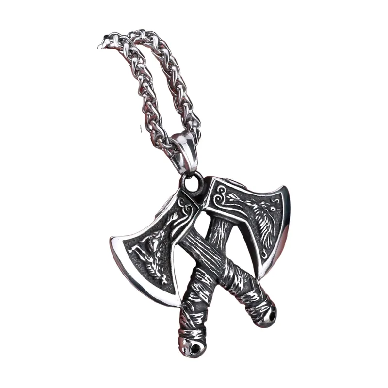 Viking Double Axe Pendant with Wolf and Eagle, Stainless Steel