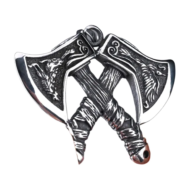 Viking Double Axe Pendant with Wolf and Eagle, Stainless Steel