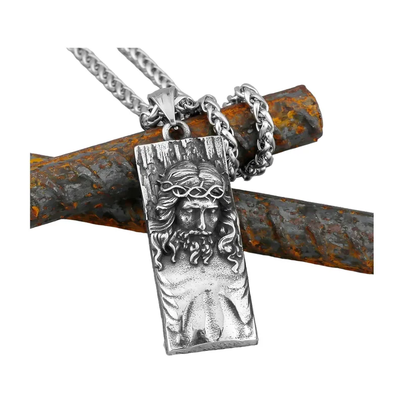 Colgante del Rostro de Jesús con Cadena Curb, Acero Inoxidable