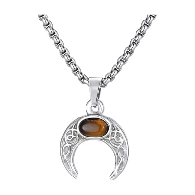 Collier Pendentif Lune Croissante avec Pierre Brune, Acier Inoxydable
