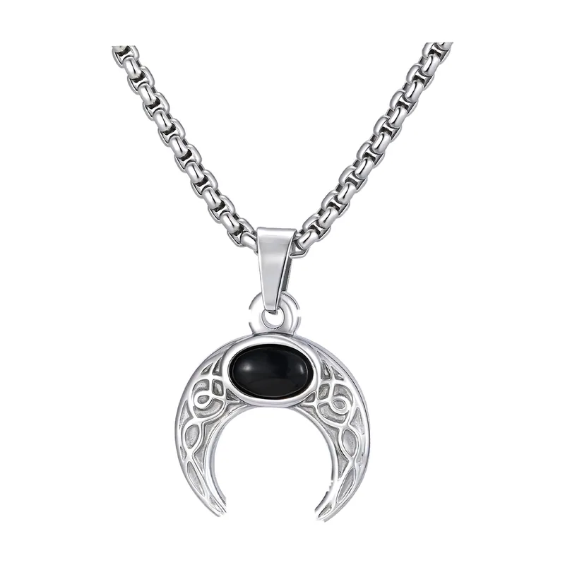 Pendentif Lune Croissant avec Pierre Noire, Acier Inoxydable