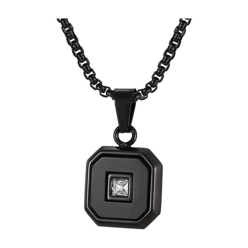 Rectangular Pendant Necklace with Cubic Zirconia, Stainless Steel