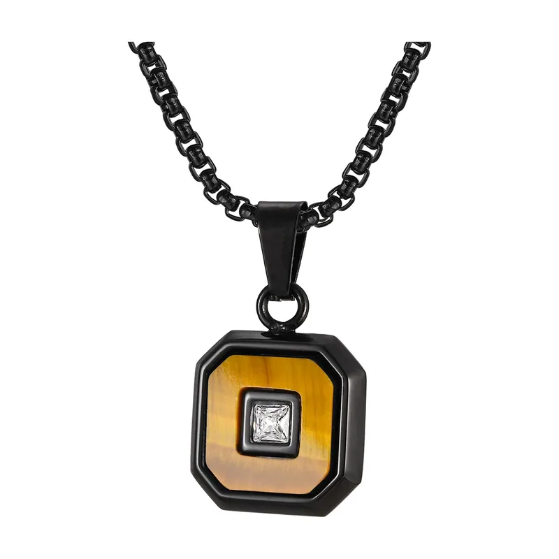 Square Pendant Necklace with Brown Stone and Cubic Zirconia, Stainless Steel