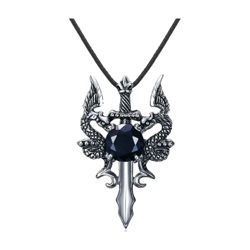 Pendentif Épée Sacrée avec Zirconia Noir, Acier Inoxydable