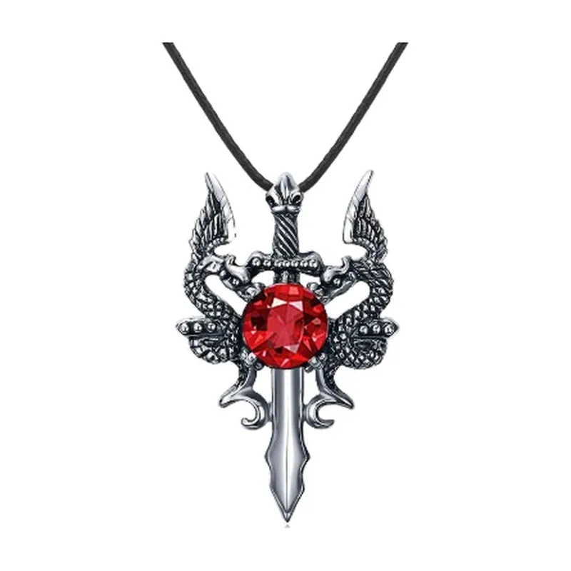 Pendentif Épée Sacrée avec Ailes et Pierre Rouge, Acier Inoxydable