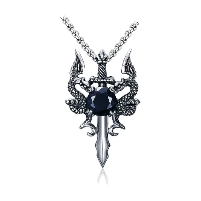 Pendentif Épée Sacrée avec Zircone Noire, Acier Inoxydable