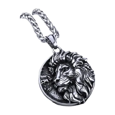 Medaillon Tête de Lion Nordique avec Chaîne, Acier Inoxydable