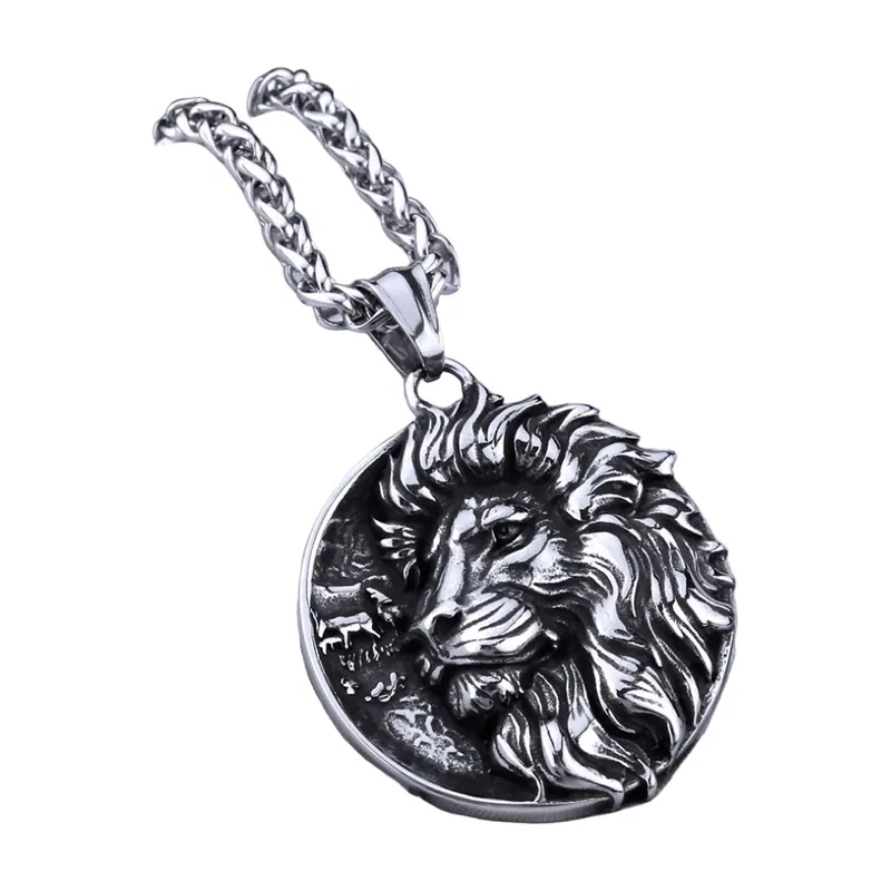 Nordischer Löwenkopf Medaillon Anhänger mit Kordelkette, Edelstahl
