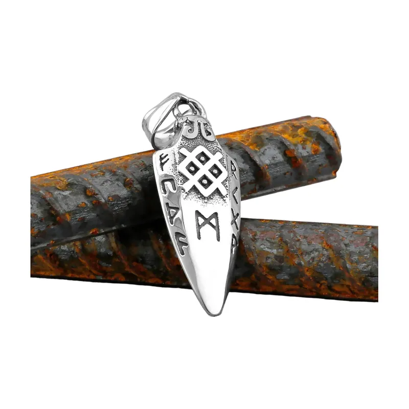 Pendente Lancia di Odino con Valknut e Rune, Acciaio Inossidabile