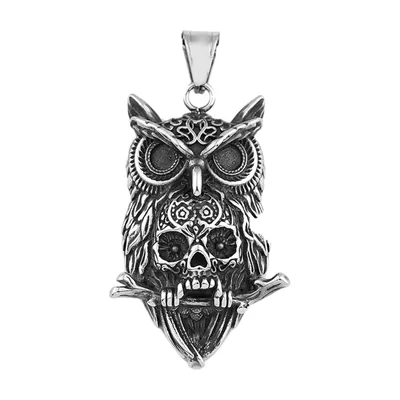 Owl and Skull Pendant Necklace, 316L Stainless Steel