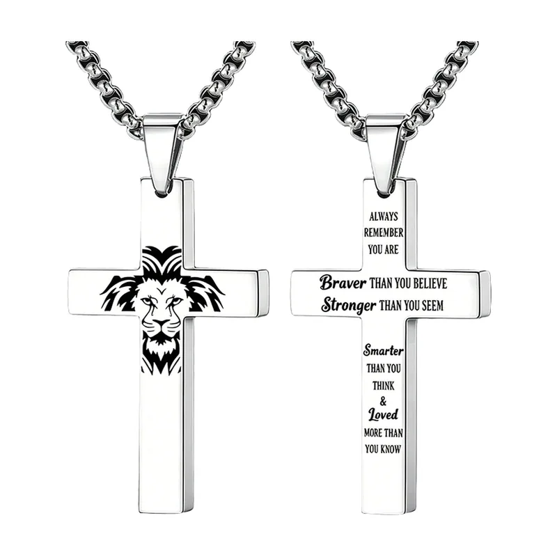 Lion Cross Pendant with Engraved Message, Stainless Steel