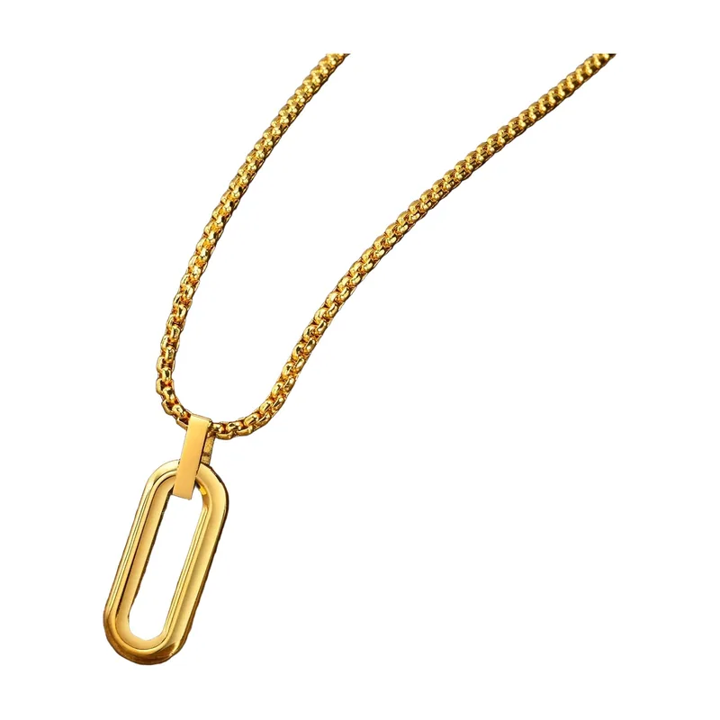 Geometric Oval Pendant Necklace with Box Chain, Stainless Steel