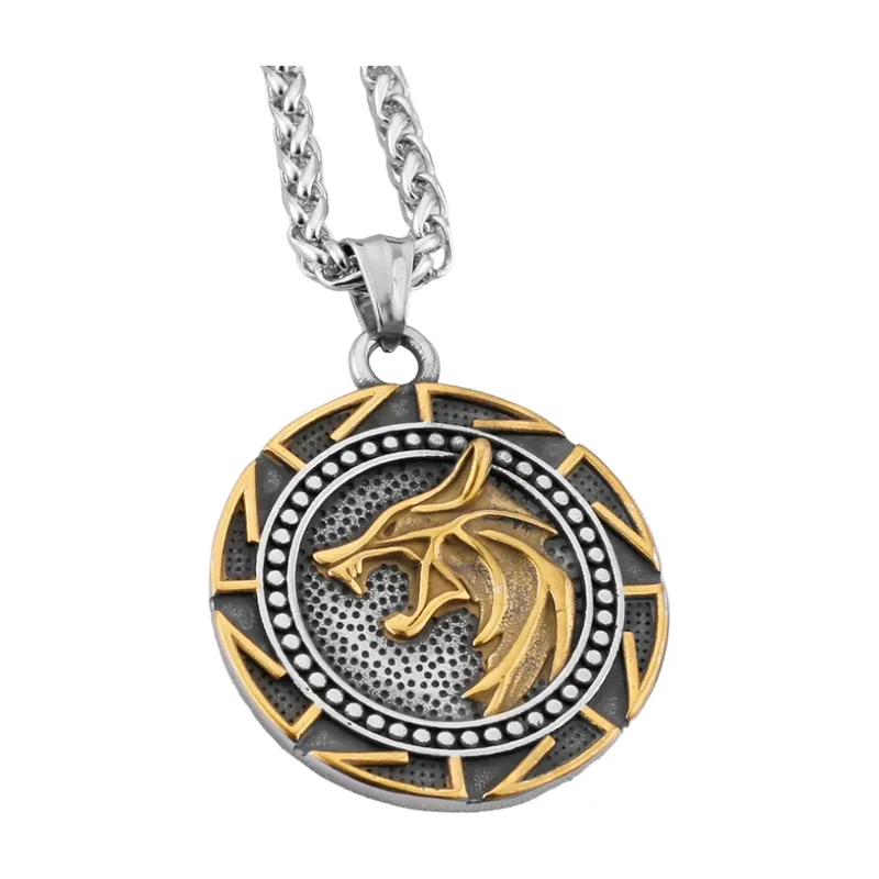 Wikinger Wolfskopf Anhänger mit Yggdrasil Lebensbaum, Edelstahl