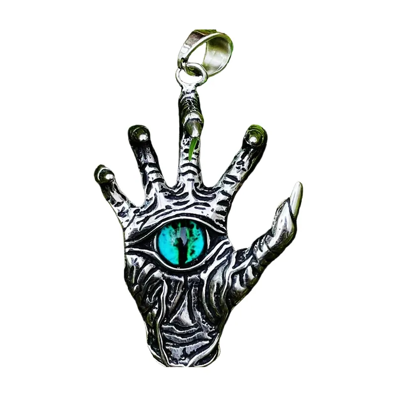 Hamsa-Hand Anhänger mit grünem Stein, Edelstahl